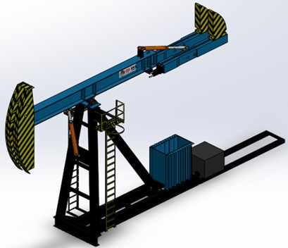 A 3 d image of an oil rig with the crane extended.